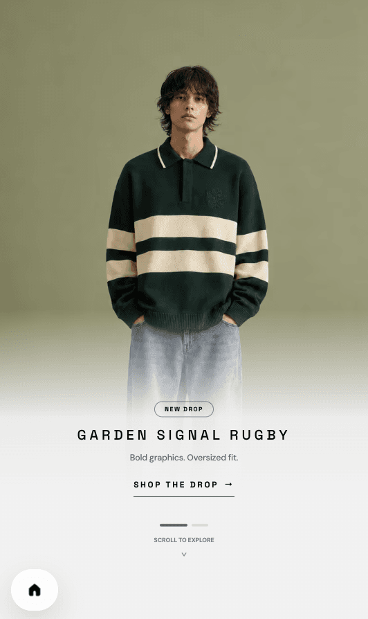 WhyClub mobile storefront with a rugby shirt hero image